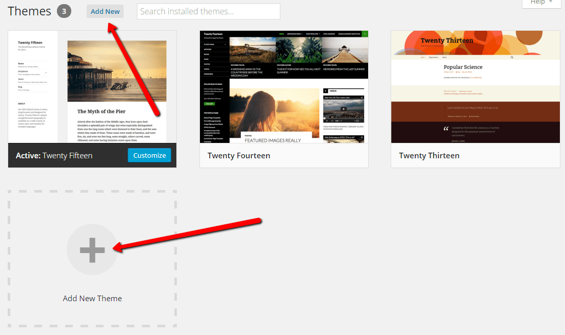 Add New WordPress theme button