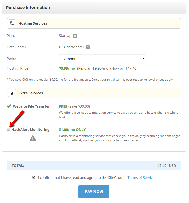 SiteGround hosting purchase info