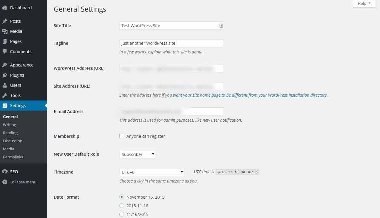 WordPress general settings