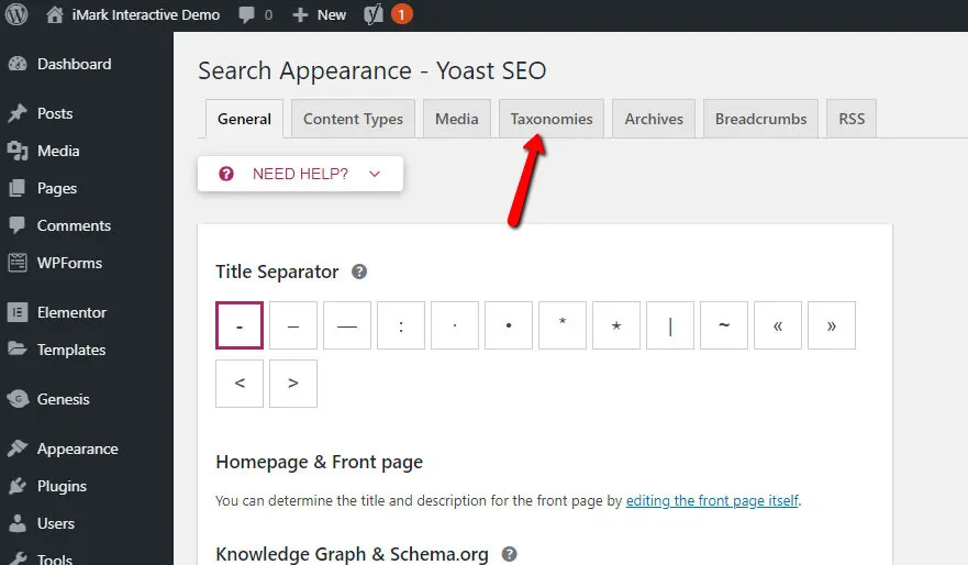 Yoast SEO taxnomies tab