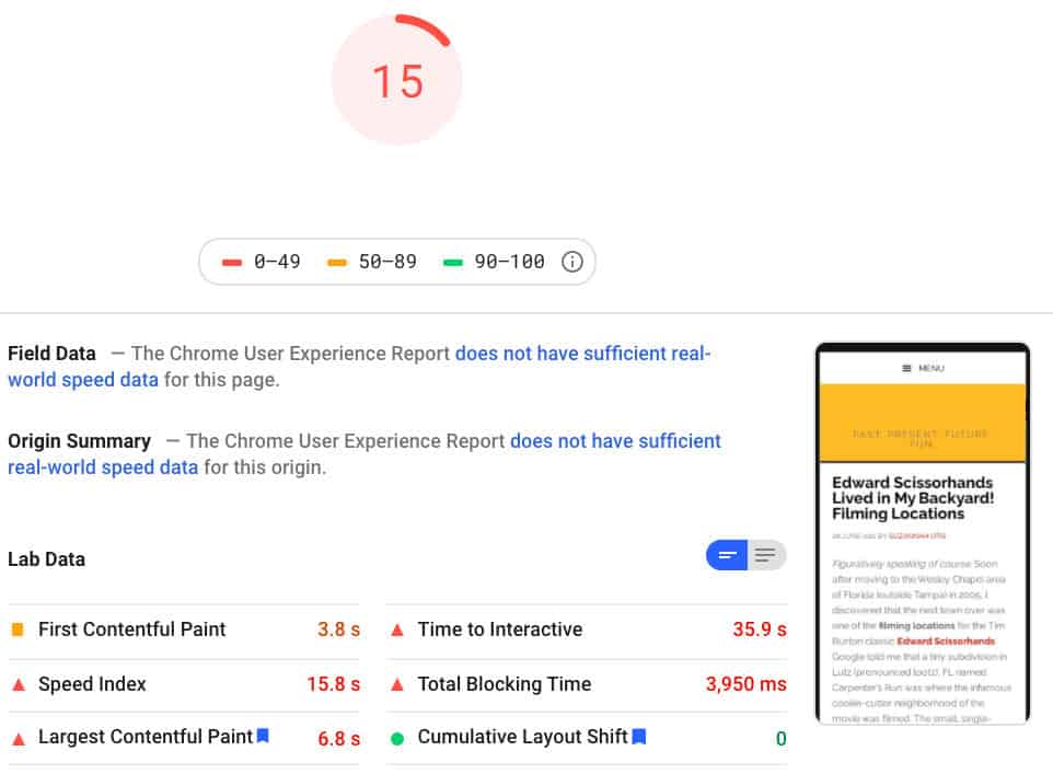 google page speed insights test before optimization