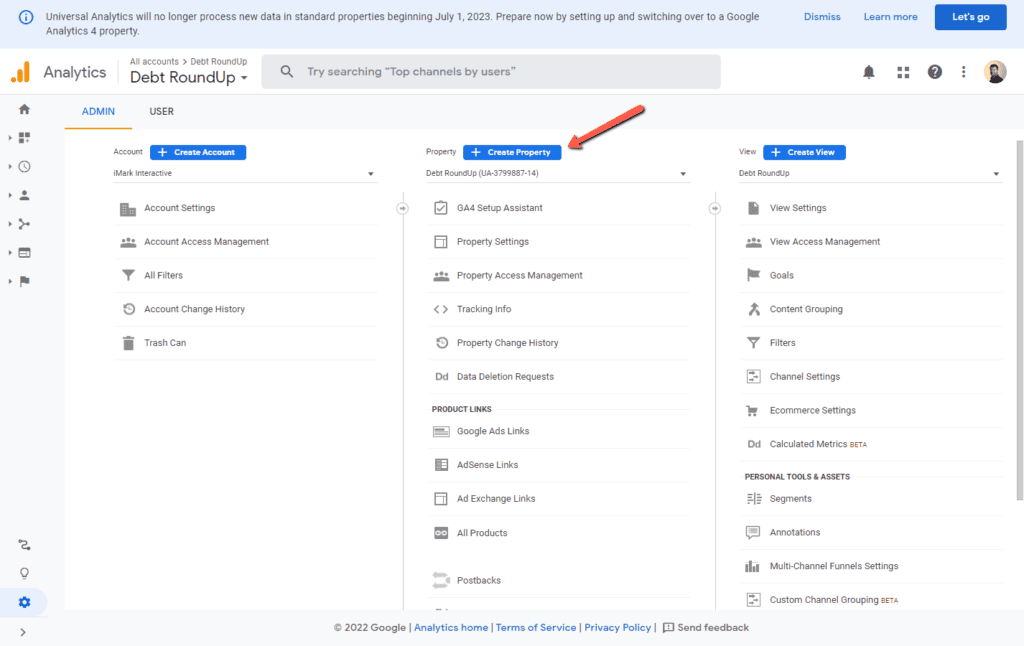 screenshot of create property in google analytics