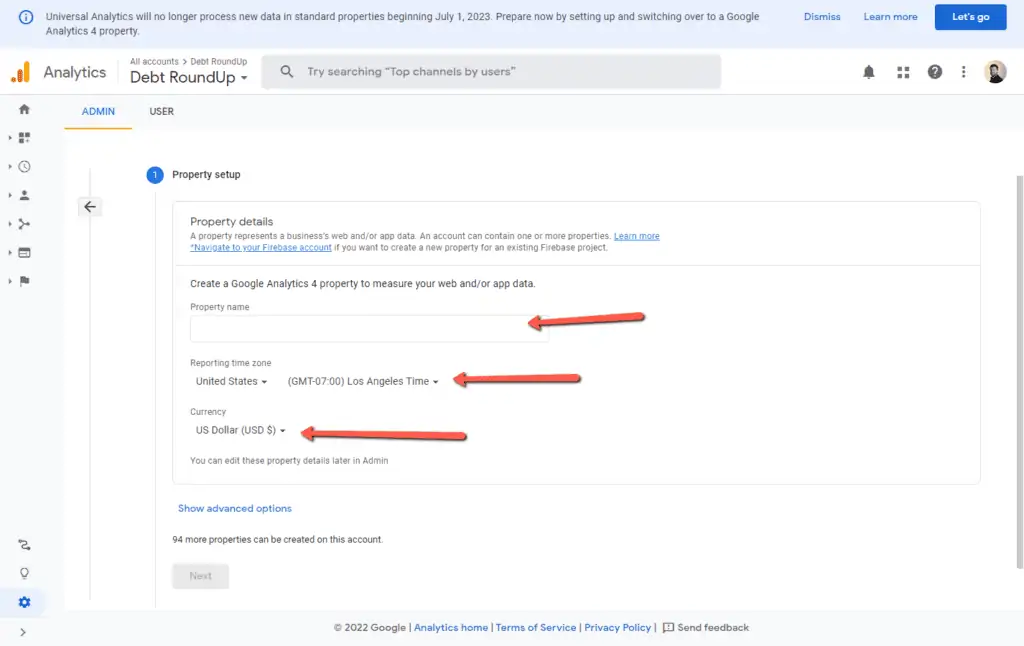 screenshot of spaces to fill in google analytics data