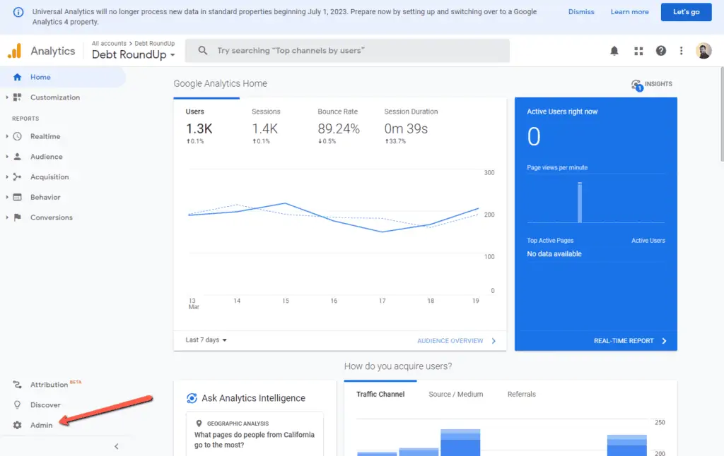 screenshot of select admin link in google analytics interface