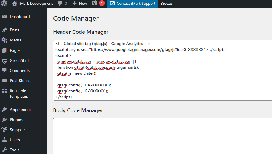 header and footer code manager